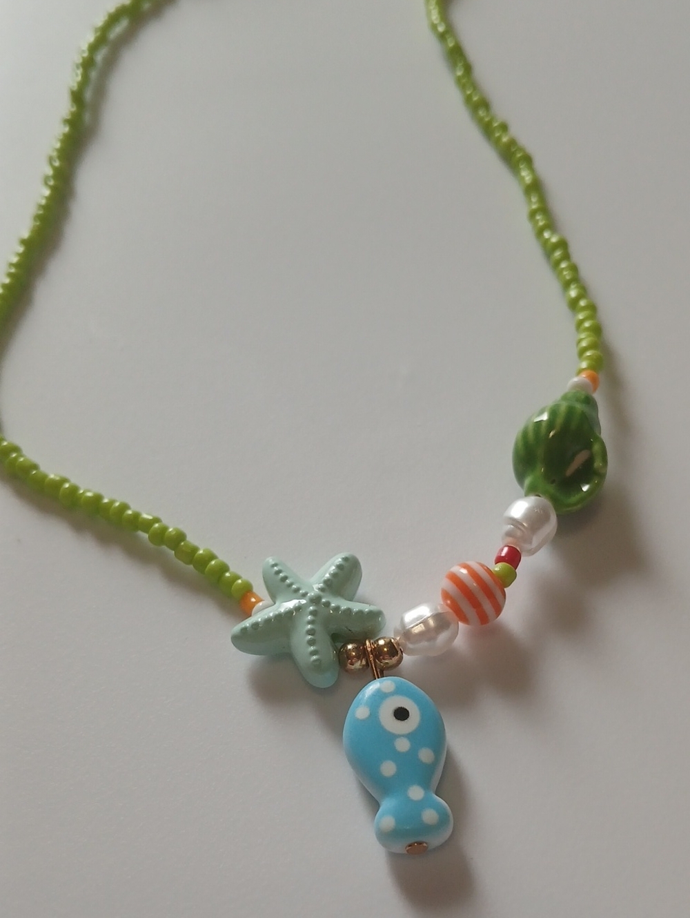 Beaded Green Sea Charm Necklace with Blue Fish Pendant - Picture 3 of 3